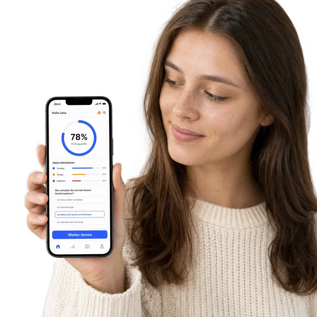 Vorschau der Fahrwissen App: Prüfungsreife-Score und Schwächen-Analyse auf dem Handy